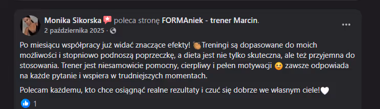 Opinia podopiecznego z facebooka po współpracy z trenerem Marcinem