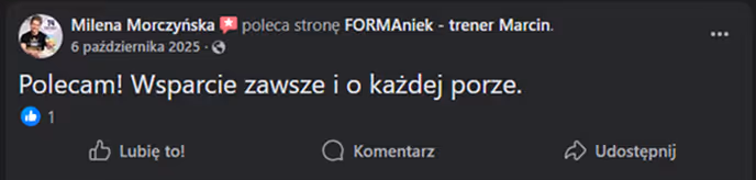 Opinia podopiecznego z facebooka po współpracy z trenerem Marcinem